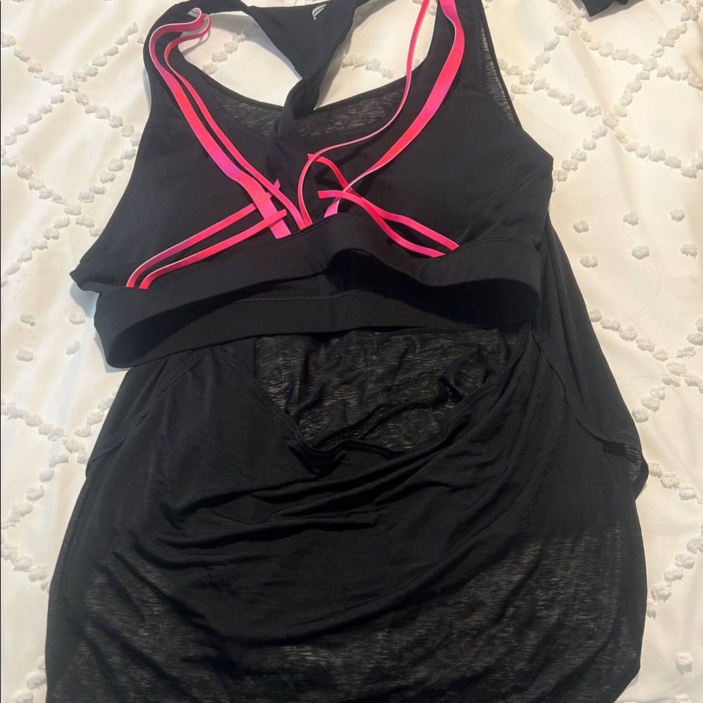 Fabletics Black Mesh Tank Top with Pink Accents and Built in Bra